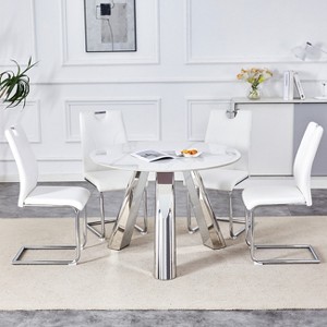 FURNIinspire Dining Sets Table And Chair Set, 42" Stainless Steel Leg Round Table And 4 White Dining Chairs With Silver Metal Leg, White And Silver - 1 of 4