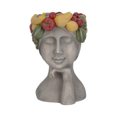 Decorative Polyresin Face Planter with Fruit Crown - Artistic Indoor/Outdoor Plant Pot - Gray - 18" Gray, Yellow, Red