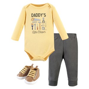 Hudson Baby Infant Boy Cotton Bodysuit, Pant and Shoe Set, Construction Work Long Sleeve - 1 of 4