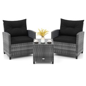 Tangkula 3 Pieces Patio Bistro Set Outdoor PE Rattan Conversation Chair Set with Tempered Glass Side Table and Removable Cushions Black - 1 of 4