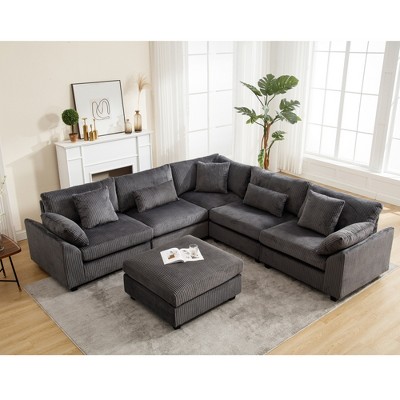 L-Shaped Sectional Sofas Couch Set, 6-Seater Corduroy Upholstered Deep Seat Sofa for Living Room, Comfortable Modular Sectional with 7 Free Pillows