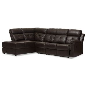 2pc roland modern and contemporary faux leather sectional with recliner and storage chaise dark brown baxton studio
