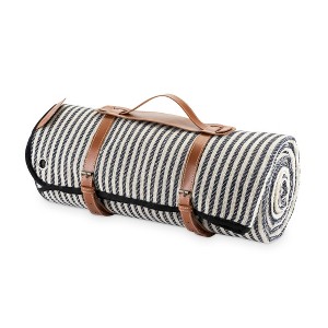 Twine Picnic Blanket - Waterproof Outdoor Blanket with Leather Carrying Straps and Picnic Stakes - Navy/White Striped 6pc Set of 1 - 1 of 4