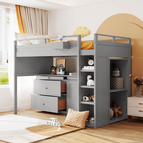 Twin Size Loft Bed With Rolling Cabinet And Desk-modernluxe : Target