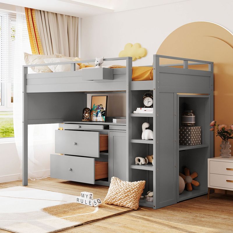 Twin Size Loft Bed with Rolling Cabinet and Desk-ModernLuxe, 1 of 14
