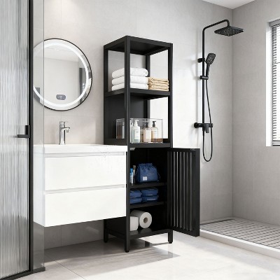 KTMBDW Bathroom Floor Cabinet, 5 Tier Tall Thin Linen Tower Storage Cabinet Free Standing Bamboo with 2 Shelves and Cupboard for Bathroom