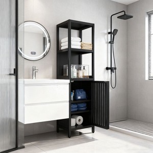 KTMBDW Bathroom Floor Cabinet, 5 Tier Tall Thin Linen Tower Storage Cabinet Free Standing Bamboo with 2 Shelves and Cupboard for Bathroom - 1 of 4