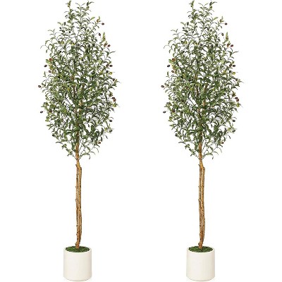 Faux Olive Tree,Tall Artificial Tree Indoor with 2 Natural Wood Trunks, Fake Plants Potted in White Planter