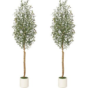 Faux Olive Tree,Tall Artificial Tree Indoor with 2 Natural Wood Trunks, Fake Plants Potted in White Planter - 1 of 4