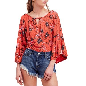 Free People Womens Last Time Draped Bell-Sleeve Floral Basic T-Shirt - 1 of 1