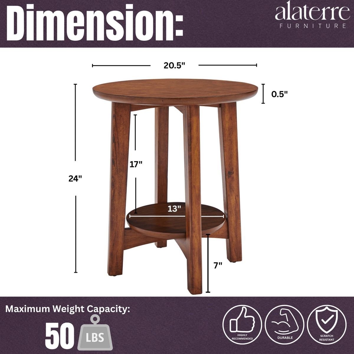Monterey Round Mid Century Modern Wood End Table Chestnut - Alaterre Furniture: Tapered Legs, Floating Shelf - thumbnail 4