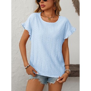 Women's Round Neck Sweet Short Sleeve T-Shirt with Hollow-Out Detail & Ruffled Sleeves, Cute Casual Blouse for Summer - 1 of 4
