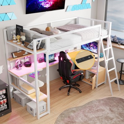 Whisen Twin Size Metal Loft Bed with Built-in Work Station, LED and Multiple Storage