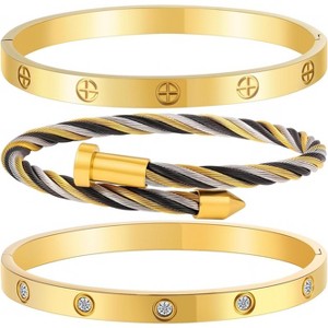 Gold Stackable Bracelets for Women - 3 Piece Stainless Steel Bangles with Love & Friendship Theme, Crystal Accents - 1 of 4
