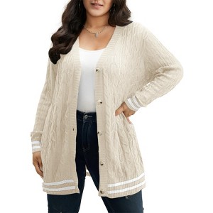 Open Front Cardigan for Women Cable Knit Sweater with Pockets Plus Size Long Sleeve Tops Button Down - 1 of 4