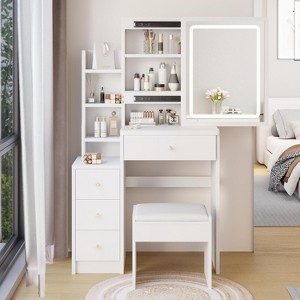 Bedroom Dressing Vanity Set with Stool and Mirror, Easy Assembly with Installation Video - 1 of 4