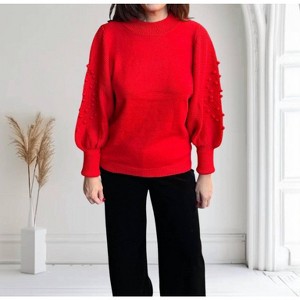 Women's Pom Pom Balloon Sleeve Sweater - Vine & Love - 1 of 3