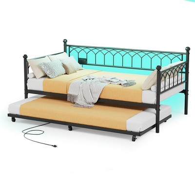Garvee Twin Daybed with Trundle,Day Bed with LED Lights & Charging Station, Metal Bed Frame with Pull Out Trundle for Living Room, Small Spaces