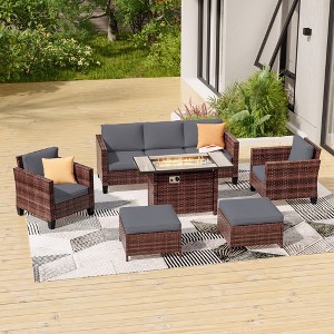 Sonkuki 6 Pieces Patio Sofa with Rectangle Fire Pit Table and Ottomans, Wicker Conversation Couch, Navy Blue Cushion - 1 of 4