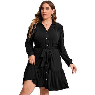 Clearlove Women's Plus Size Dresses Buttons Belted Long Sleeves Casual Midi Dress