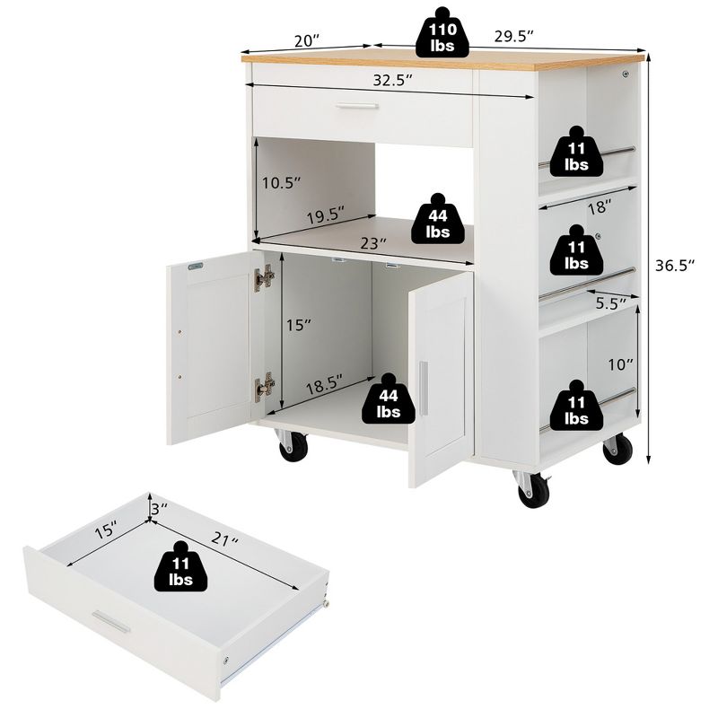 Costway Kitchen Island Cart Rolling Storage Cabinet w/ Drawer & Spice Rack Shelf, 4 of 11
