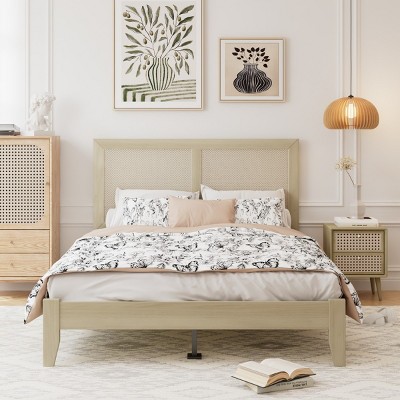 Wooden Platform Bed Frame With Rattan Headboard Queen,King,California King Sizes Sturdy Bed Frame To Choose From-Cuddlewood