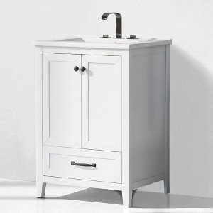 24" White Bathroom Vanity with Ceramic Sink, Freestanding Cabinet with Doors and Drawer, Solid Wood & MDF, Modern Style - 1 of 4