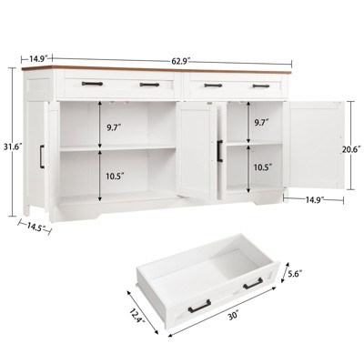 USIKEY Large Sideboard Buffet Cabinet with 4 Doors and 2 Drawers, Modern Coffee Bar with Adjustable Shelves for Kitchen, Dining Room, White