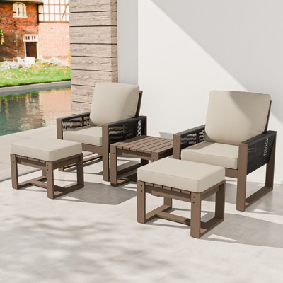 EAGLE PEAK 5 Pieces Natural Cedar Wood Bistro Set, Outdoor Patio Furniture, Small Balcony Conversation Set with Ottomans and Coffee Table