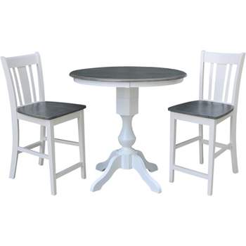 International Concepts 36" Round Pedestal Table with 2 San Remo Counter Height Stools-3 Piece Dining Set, White/Heather Gray