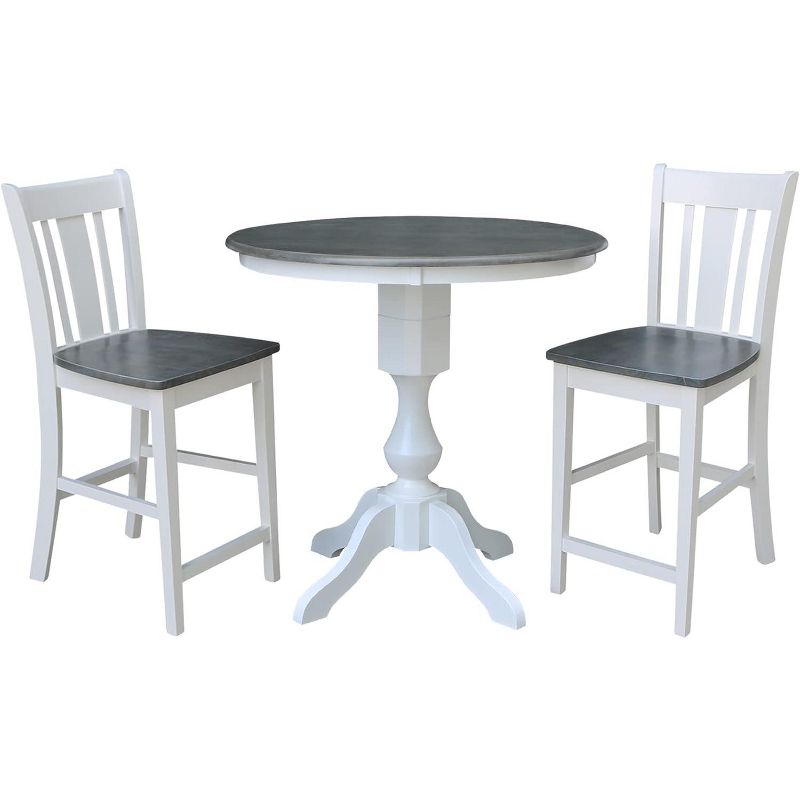 International Concepts 36" Round Pedestal Table with 2 San Remo Counter Height Stools-3 Piece Dining Set, White/Heather Gray, 1 of 2