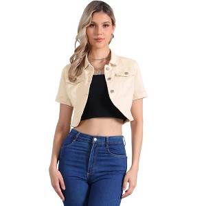 Allegra K Women's Turndown Collar Short Sleeves Crop Casual Jean Jacket - 1 of 4