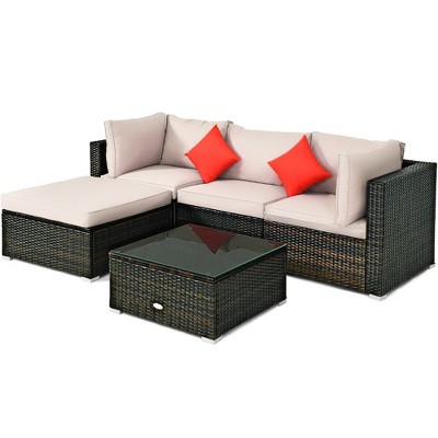 Tangkula 5PCS Rattan Sectional Sofa Set Patio Furniture Set w/ Beige Cushion Pillow