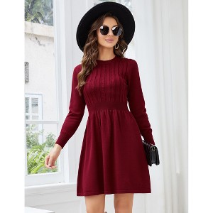Women's 2025 Long Sleeve Mini Sweater Dress Crewneck Ribbed Knit a Line Pleated Swing Short Dresses - 1 of 4