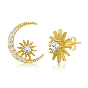 Bella Silver Sterling Silver CZ Sun and Moon Stud Earrings - Gold Plated - Gold - 1 of 3