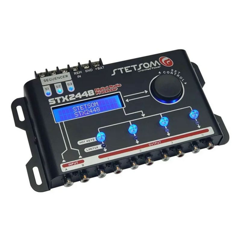 Stetsom STX2448 DSP 4 Channel Crossover and Equalizer Signal Processor Car Audio Sequencer with 2 Inputs, Audio Treatment, and LED Limiter, Black, 1 of 7