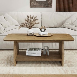 MAYEERTY 47 inch Modern Living Room Coffee Table, Double Layer Rectanglar Coffee Table with Storage Function Rounded Corner Wood - 1 of 4