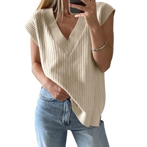 Women's V Neck Sweater Vest Oversized Cap Sleeve Casual Ribbed Split Hem Pullover Tank Tops Knitwear - 1 of 4
