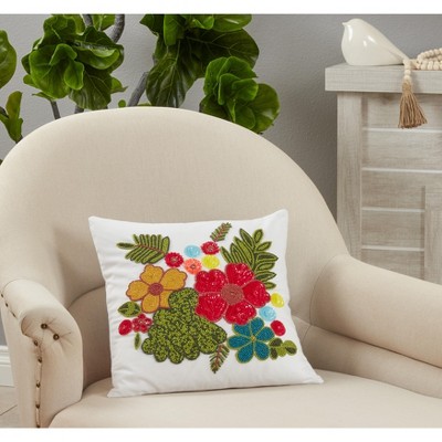 16" White Cotton Floral Embroidered Throw Pillow