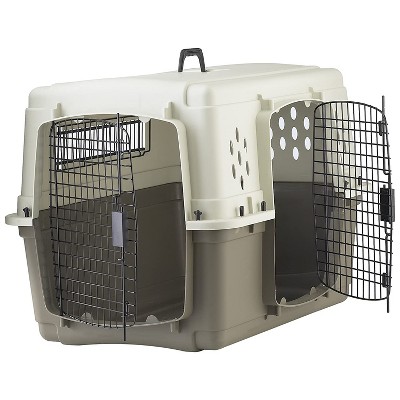 Miller Manufacturing Company Portable Plastic Hard Sided Pet Travel Crate Carrier Kennel w/ Double Doors For Dogs, Rabbits, & Animals, Beige & Taupe