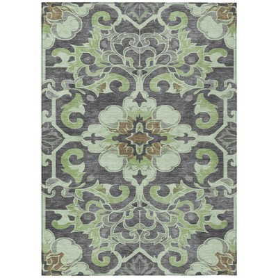 HomeRoots 3' X 5' Artichoke Green And Charcoal Damask Washable Indoor Outdoor Area Rug