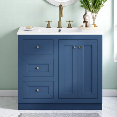 Mshliw 36'' Bathroom Vanity with Ceramic Sink, Solid Wood and MDF Freestanding Storage Cabinet with 2 Drawers and Shelf, Modern Single Sink Vanity