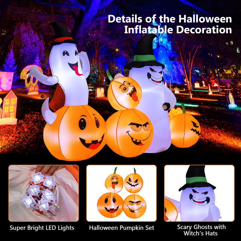 Costway 6 FT Long Halloween Inflatable Decor 4 Pumpkins & Ghosts w/ Built-in LED Lights, 3 of 13