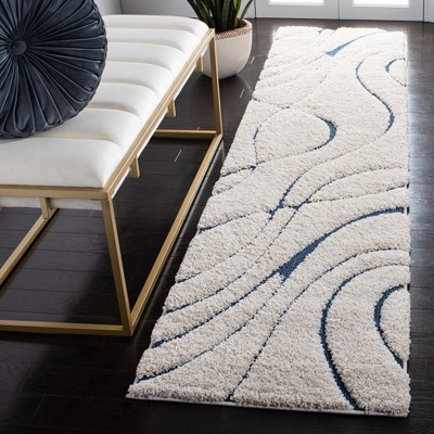 Cream and Blue Hand-Knotted Shag Runner Rug