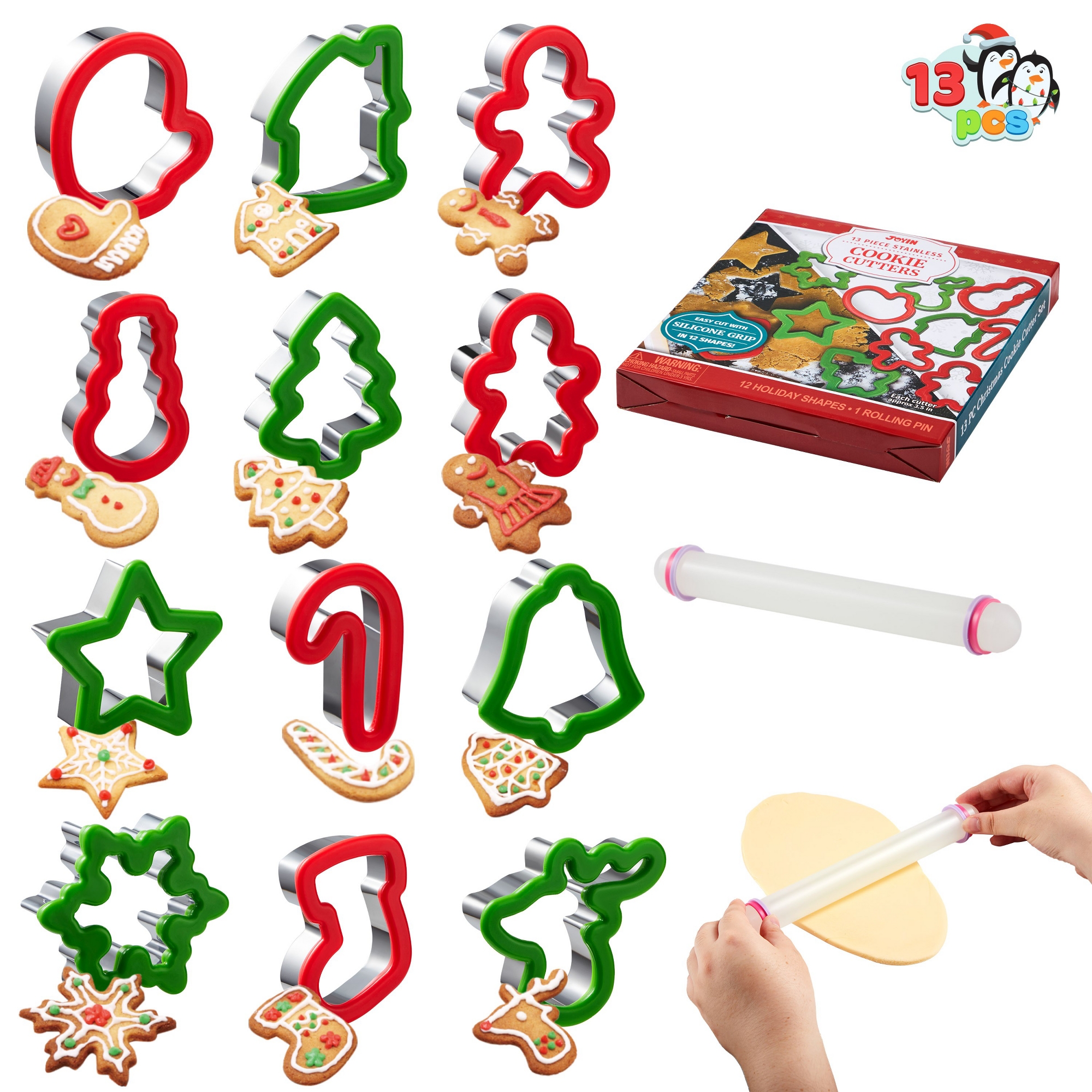 Joyfy 13 Pcs Christmas Cookie Cutters Stainless Steel, Cookies Mold Baking Supplies with Grip and a Rolling Pin for Xmas Party Baking Gift