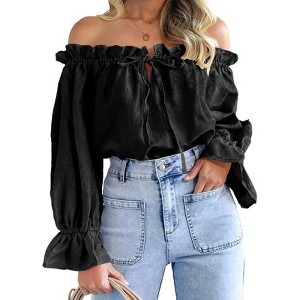 Imily Bela Womens Off The Shoulder Tops Puff Long Sleeve Tie Front
