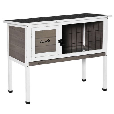 PawHut Elevated Rabbit Hutch Bunny Hutch with Hinged Asphalt Roof, Removable Tray, Fir Wood Bunny Cage for Indoor/Outdoor
