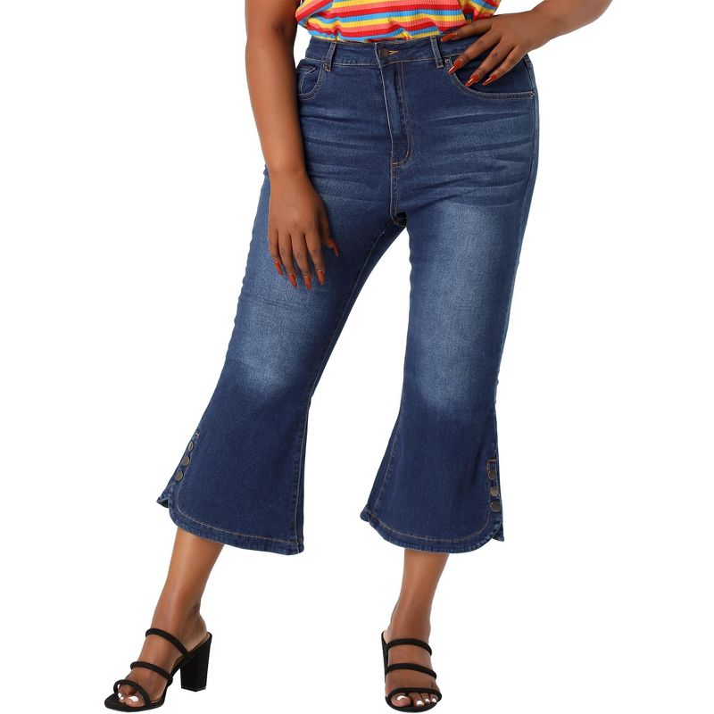 Agnes Orinda Women's Plus Size Jeans Side Slit Bootcut Button Decor Wide Leg Skinny Denim Pants, 2 of 7