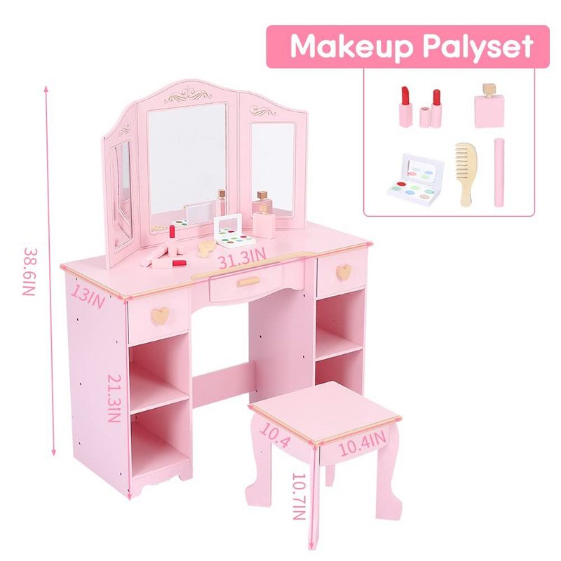 Kids Vanity Set with Mirror and Stool, Wooden Girls Makeup Playset, Princess Vanity Table for Kids, Toddlers, Pink, 4 of 7