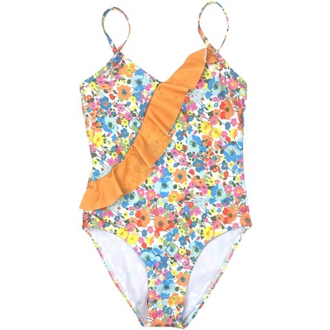 YMI Big Girls' One-Piece Ditsy Floral Print Swimsuit, Warm Apricot, 7/8